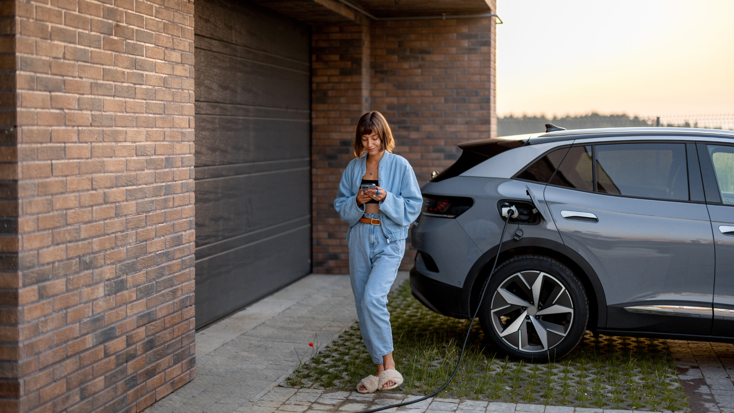 femme et sa voiture électrique en charge sur une borne résidentielle femme et sa voiture électrique en charge sur une borne résidentielle