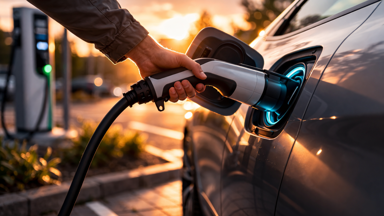 main qui branche le pistolet de recharge dans la voiture électrique